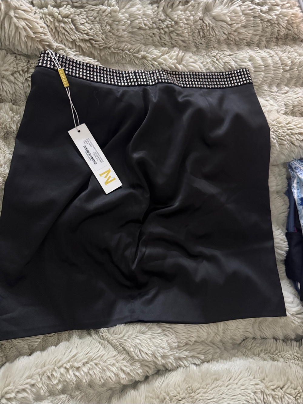 NWT Meshki Black Embellished Waist Satin Skirt